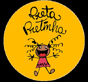 Logo Preta Pretinha: círculo amarelo com o nome escrito à mão e desenho de uma menina negra sorrindo de vestido rosa
